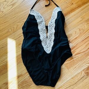 Shade Shore Black Lace Trim Plunge Halter One Piece Swimsuit Size L NWT